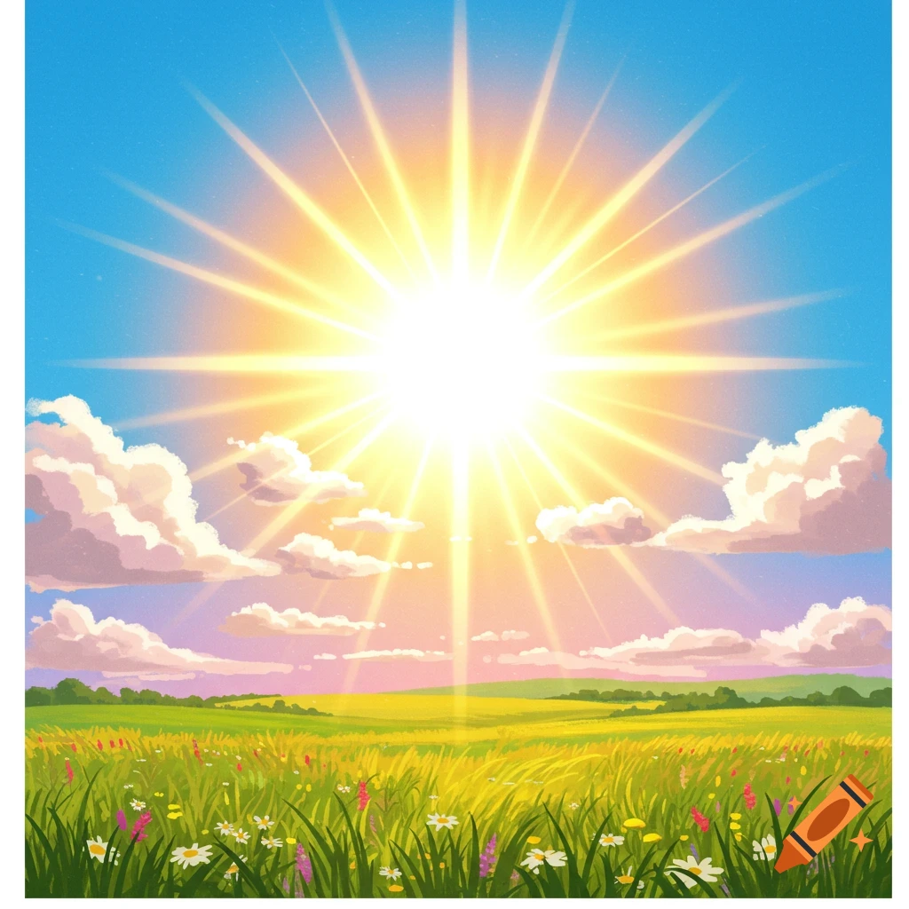 A vibrant illustration of a bright sun with rays shining over a green field with wildflowers and fluffy white clouds in a blue sky.