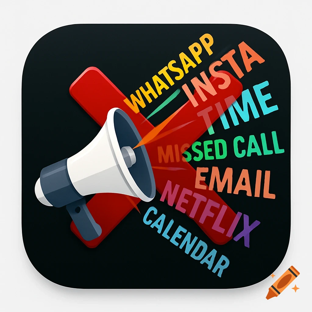 App logo with a megaphone, a red cross, and words like Whatsapp, Insta, Netflix, Email, and Calendar coming from it.