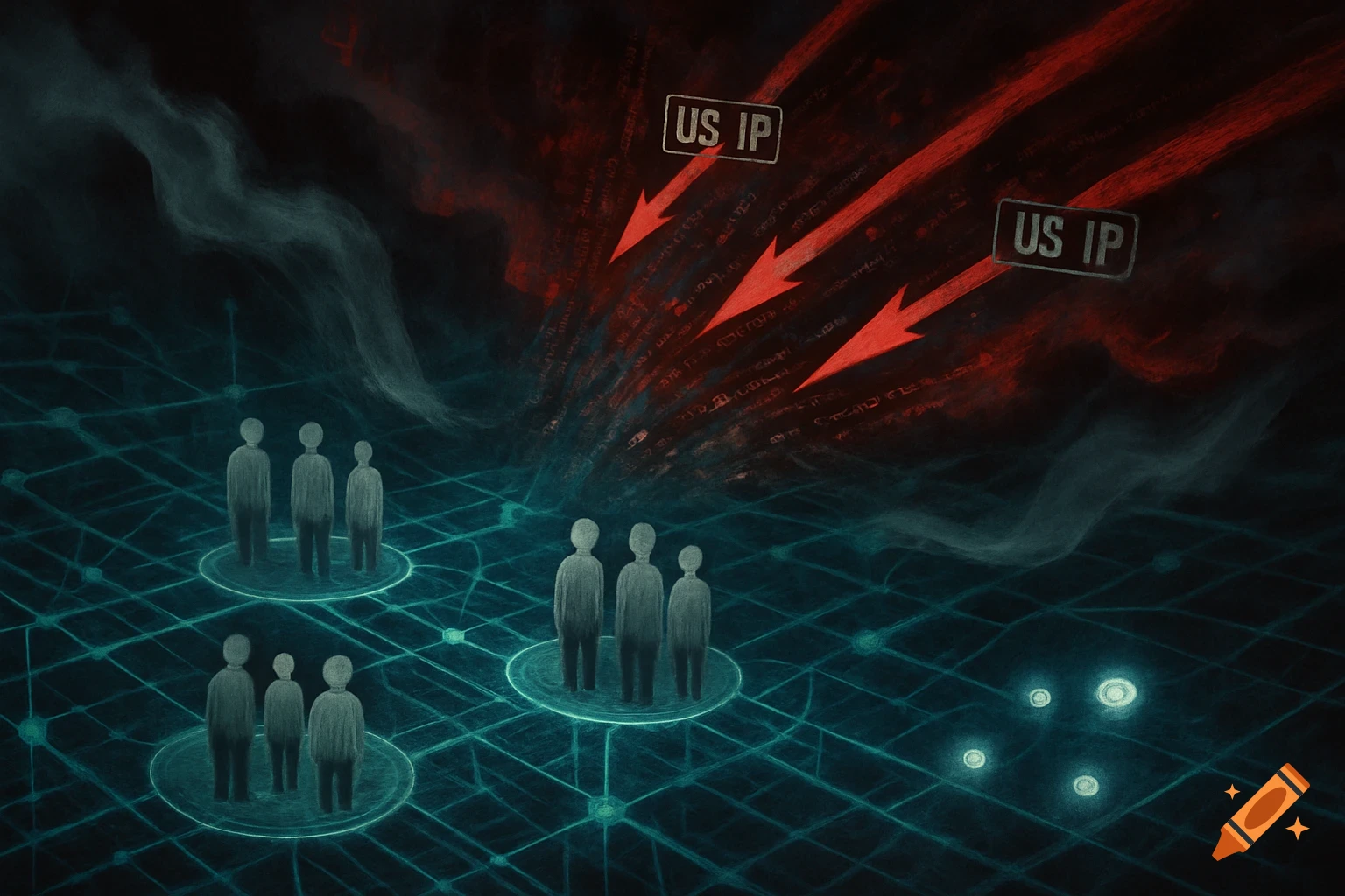 Abstract digital art showing figures on a glowing network grid, with red arrows and 'US IP' text descending from a dark cloud.