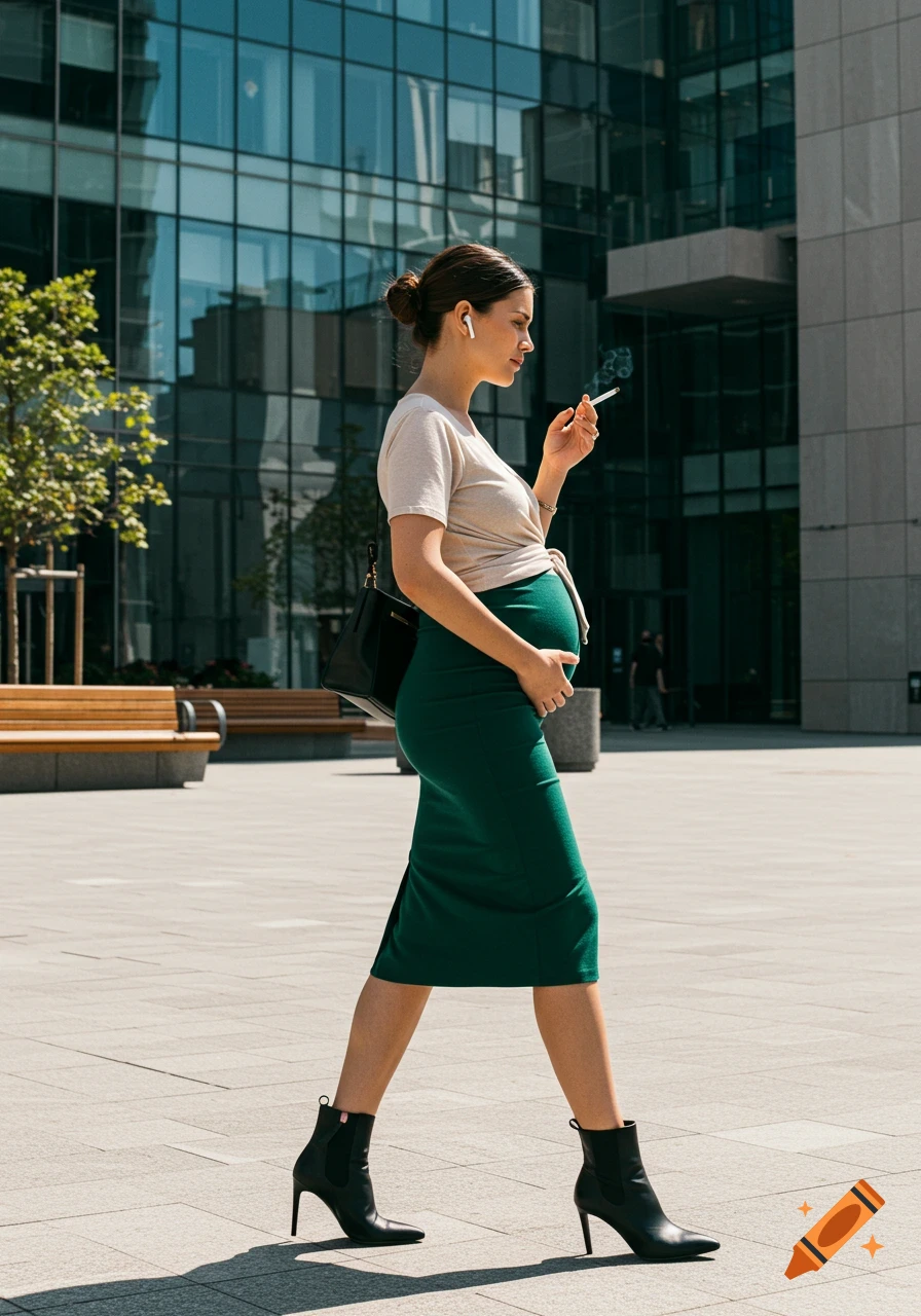 A pregnant woman in a green skirt and cream top walks through a modern urban plaza, holding a lit cigarette.