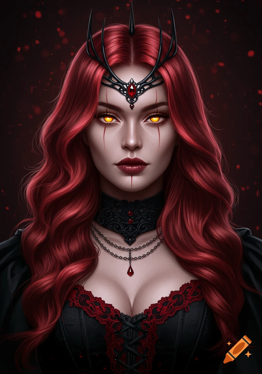 A portrait of a demon queen with long red hair, glowing amber eyes, wearing a black crown with a red gem, a gothic choker, and a black lace-trimmed dress.