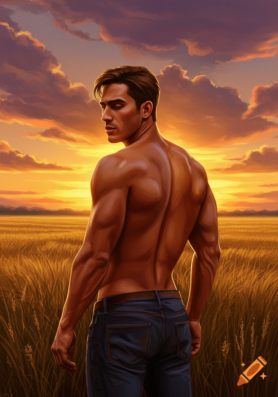 A shirtless, muscular man in jeans looks over his shoulder in a golden field at sunset. Digital art style.