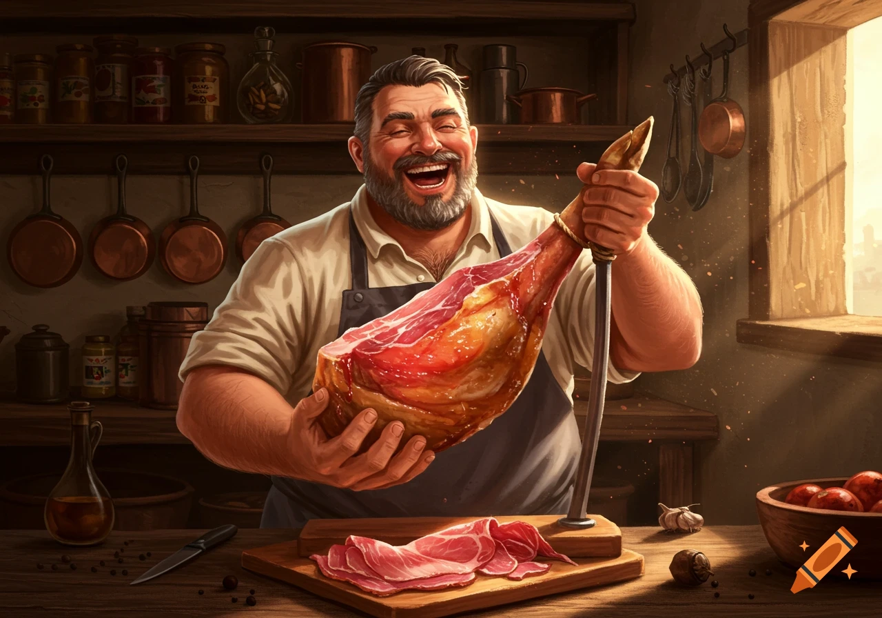 A joyful man in an apron holds a large ham in a rustic kitchen, with sliced meat on a cutting board.