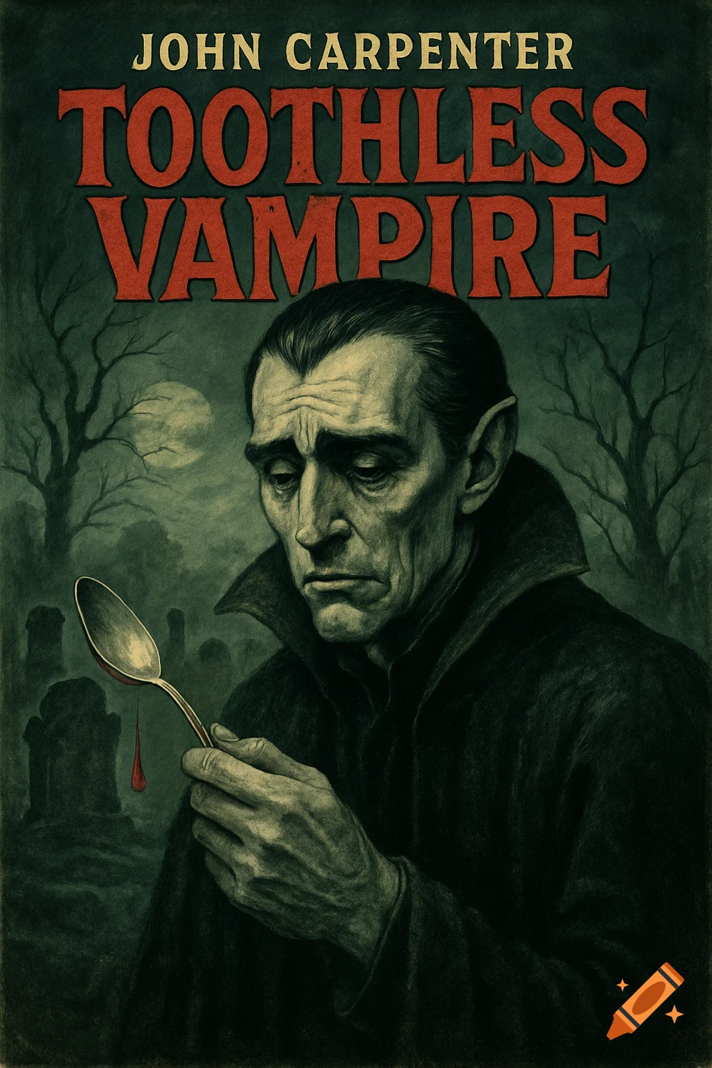 A melancholic vampire holds a spoon with blood in a misty graveyard, in a 1960s horror movie poster style. Text: 'JOHN CARPENTER TOOTHLESS VAMPIRE'.