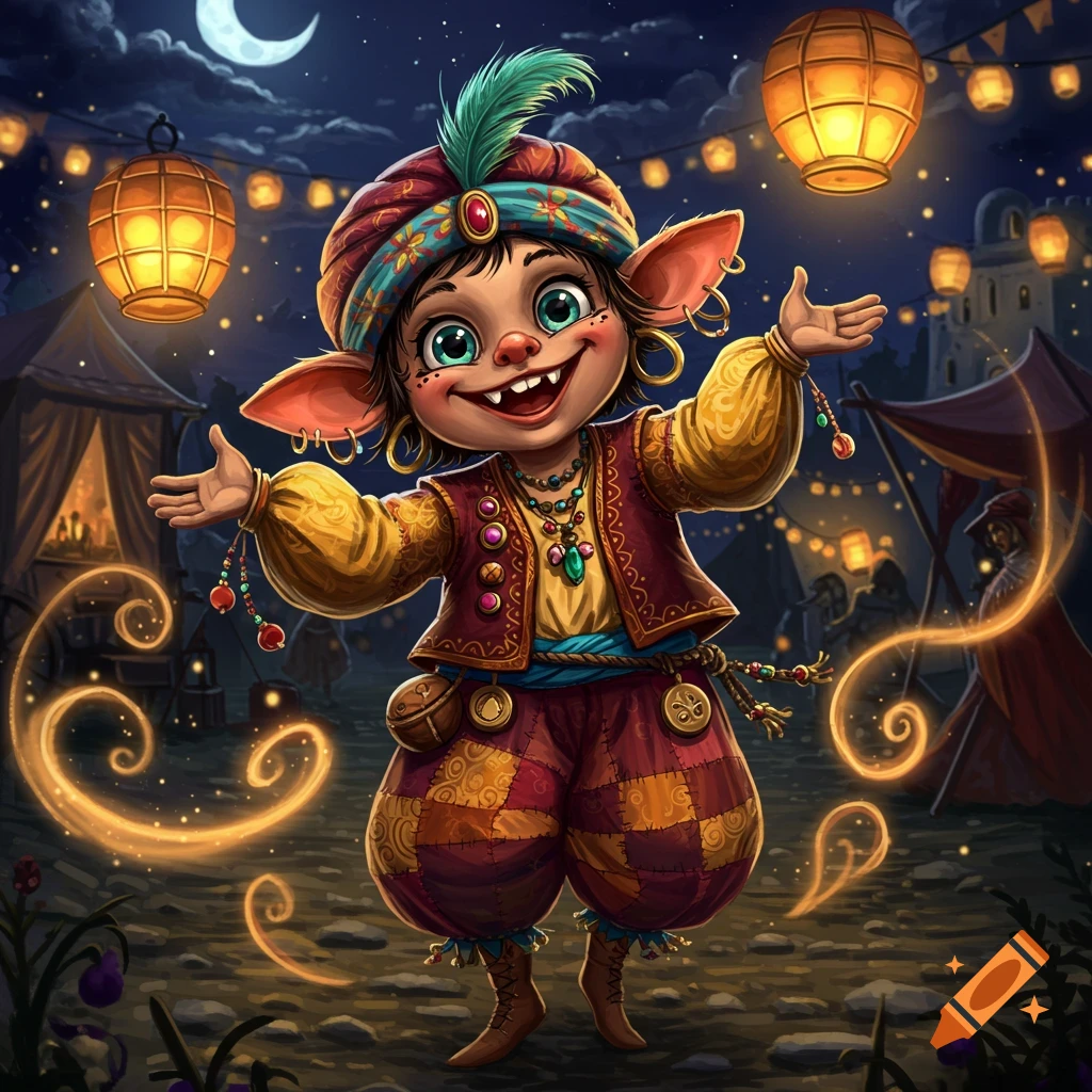 A happy, stylized goblin-like character in vibrant attire stands at a night market with glowing lanterns under a crescent moon.