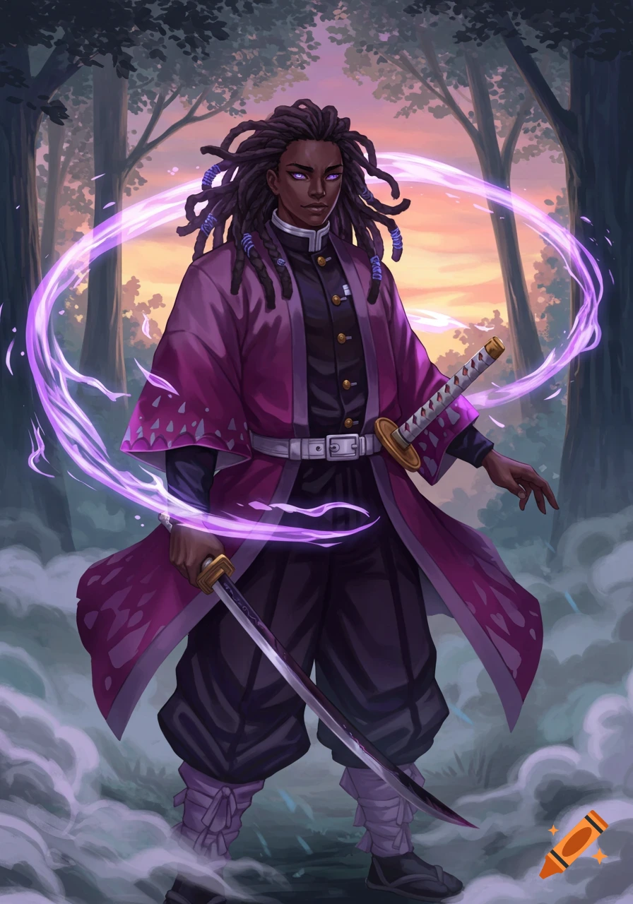 Dark-skinned male warrior with dreadlocks, purple uniform, and katana, surrounded by purple energy in a forest at sunset, anime style.