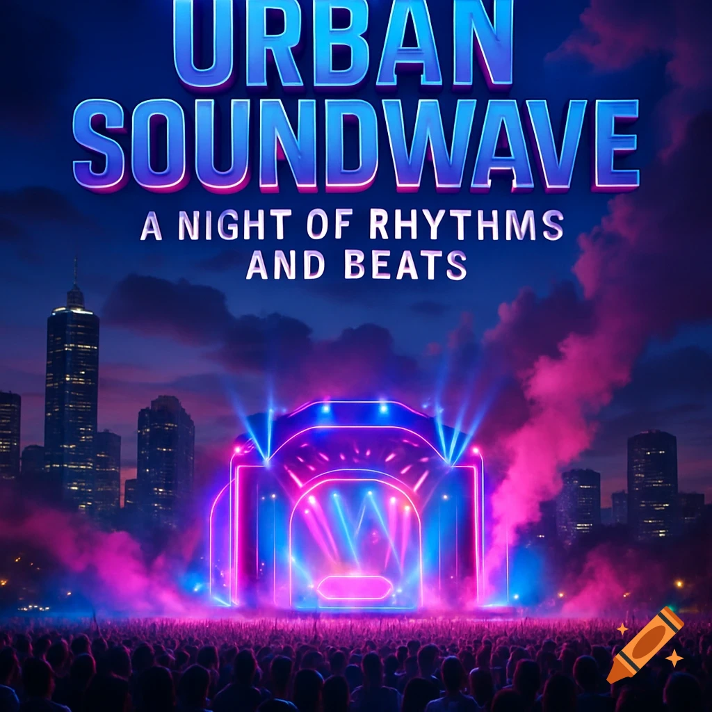 A vibrant outdoor music concert at night, with a brightly lit stage, neon lights, smoke, and a large crowd. Text: URBAN SOUNDWAVE.