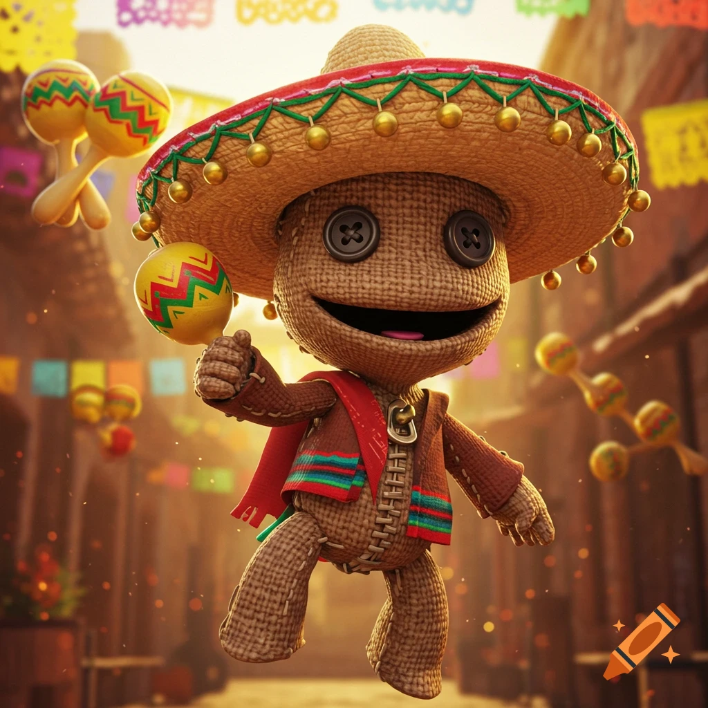 A cute burlap Sackboy doll in a sombrero and poncho holds a maraca in a festive street with colorful banners.