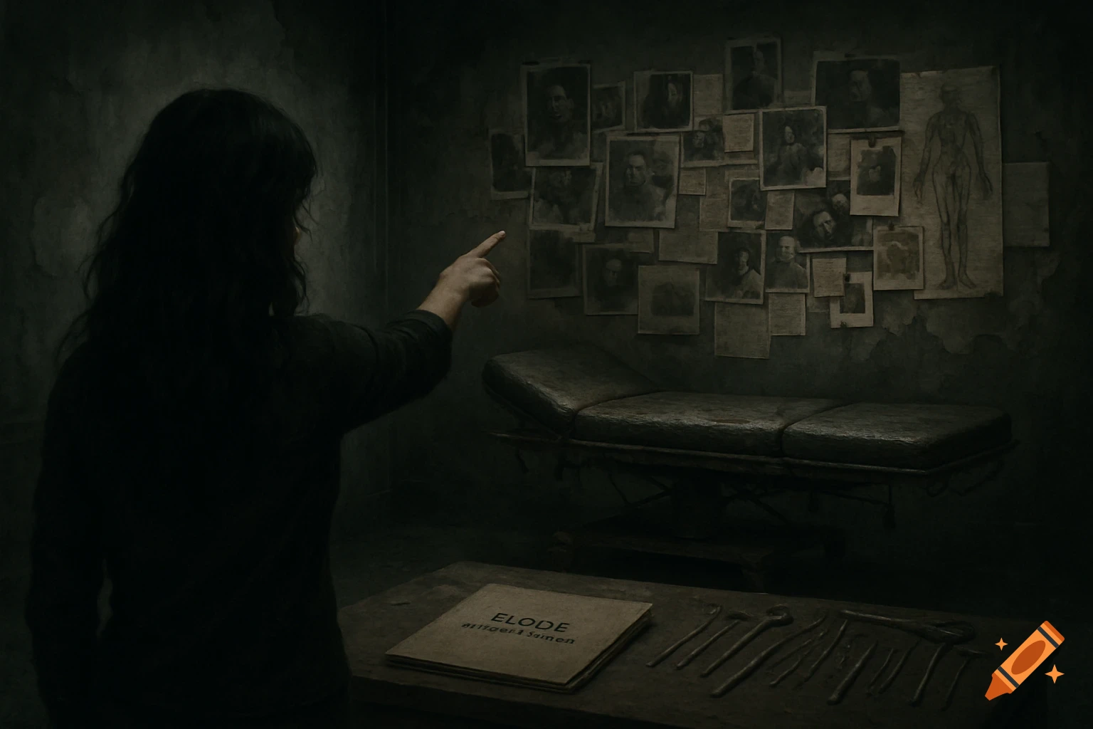 Dark, eerie room with a woman pointing at disturbing photos and an anatomical diagram on a wall, a surgical table, and tools. Photorealistic.