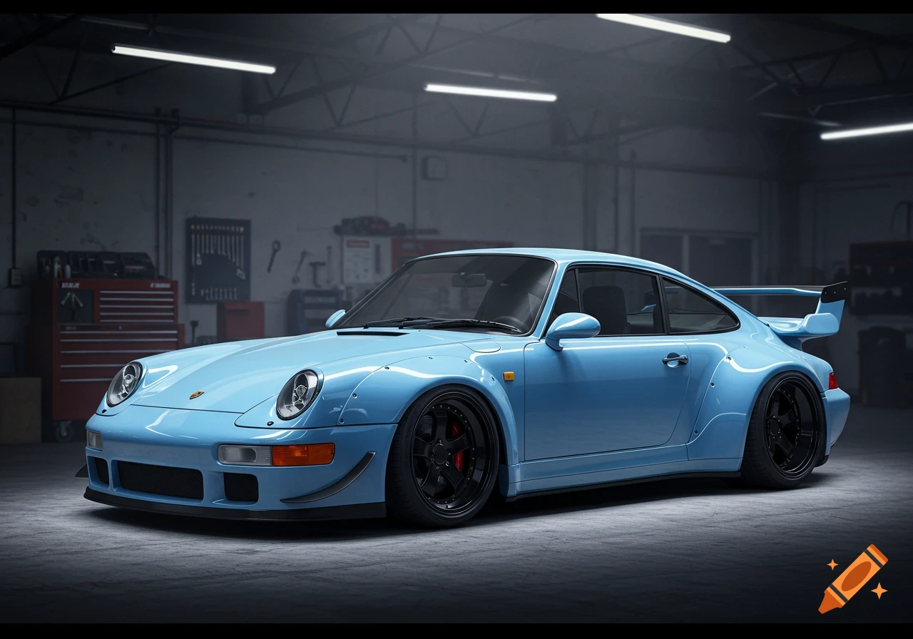 Photorealistic rendering of a light blue RWB widebody Porsche 911 Turbo parked in a dimly lit garage.