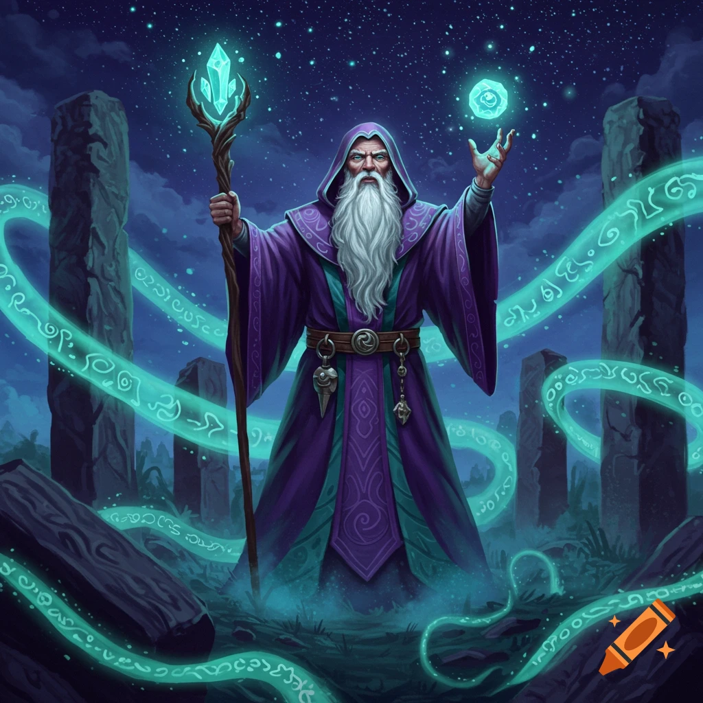A majestic wizard in purple and teal robes stands with a glowing crystal staff, summoning magic amidst ancient stone pillars under a starry night.