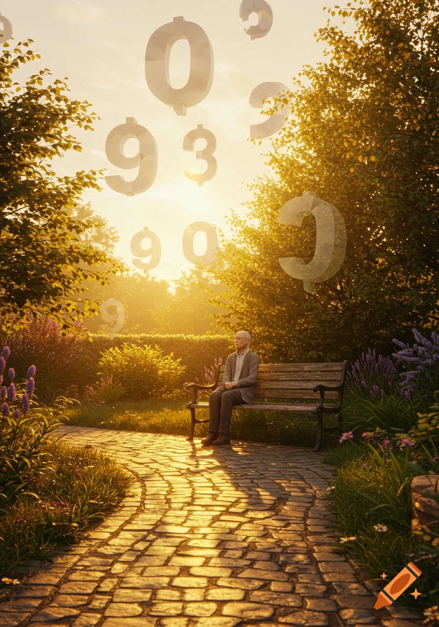 An elderly man sits on a park bench as large, translucent numbers and dollar signs float in the bright, sunlit sky above him. The scene is dreamlike.