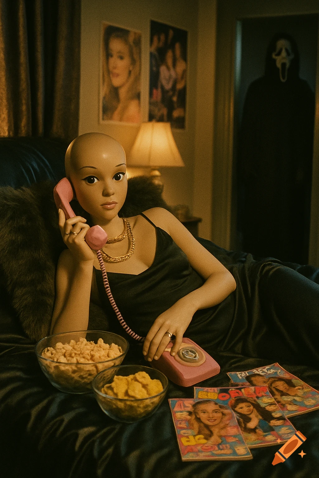 A bald, doll-like figure in a slip dress holds a pink retro phone on a satin bed, with Ghostface in the background doorway, 90s posters, and magazines.