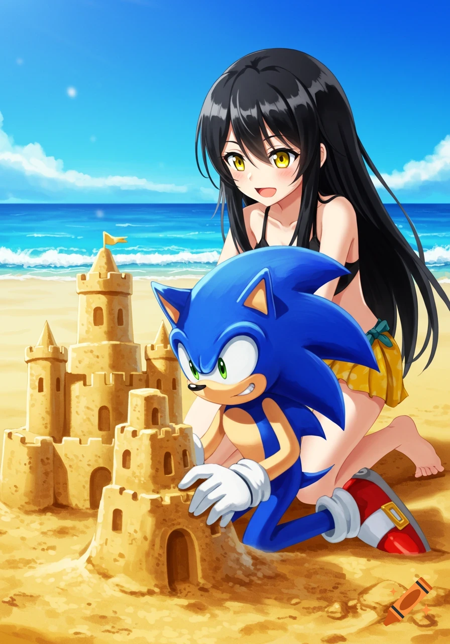 Anime girl with black hair and Sonic building a sandcastle on a sunny beach, ocean in background.