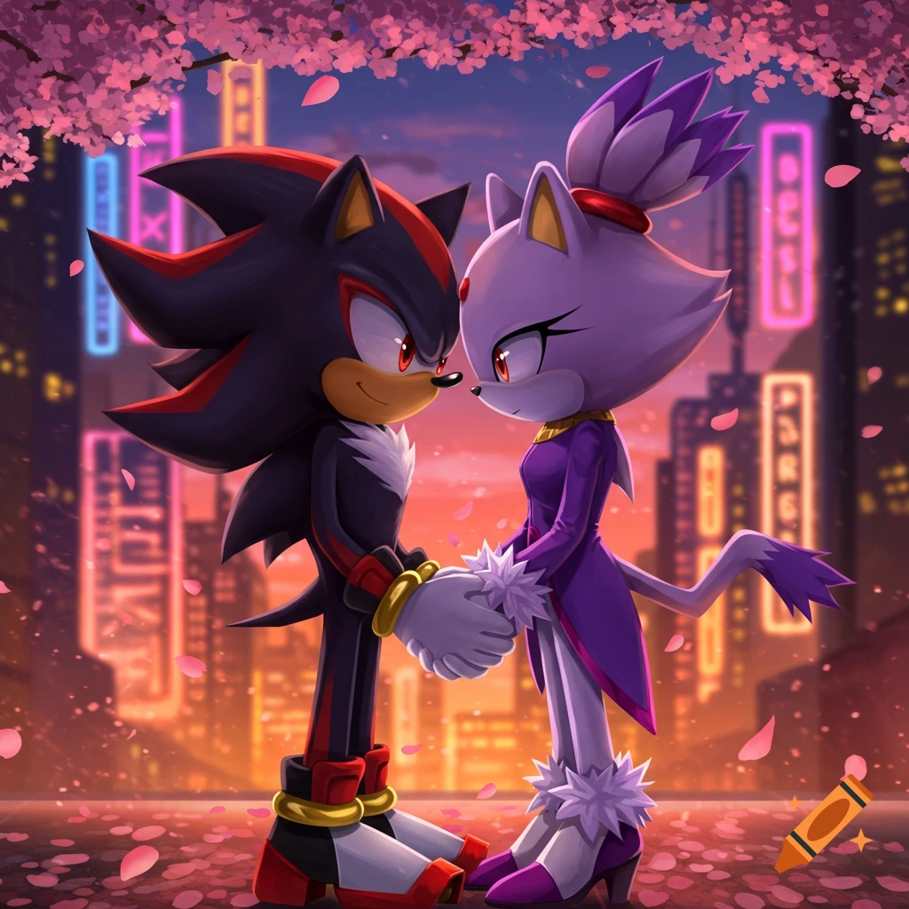 Shadow the Hedgehog and Blaze the Cat holding hands under cherry blossoms with a city skyline at dusk, in an anime style.