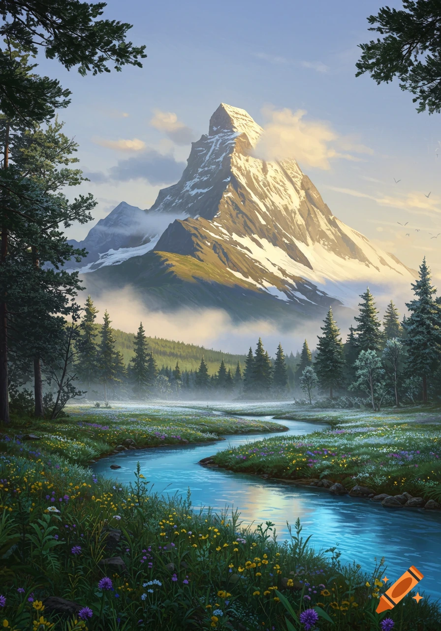 A majestic snow-capped mountain towers over a vibrant wildflower meadow with a winding blue river and evergreen forests.