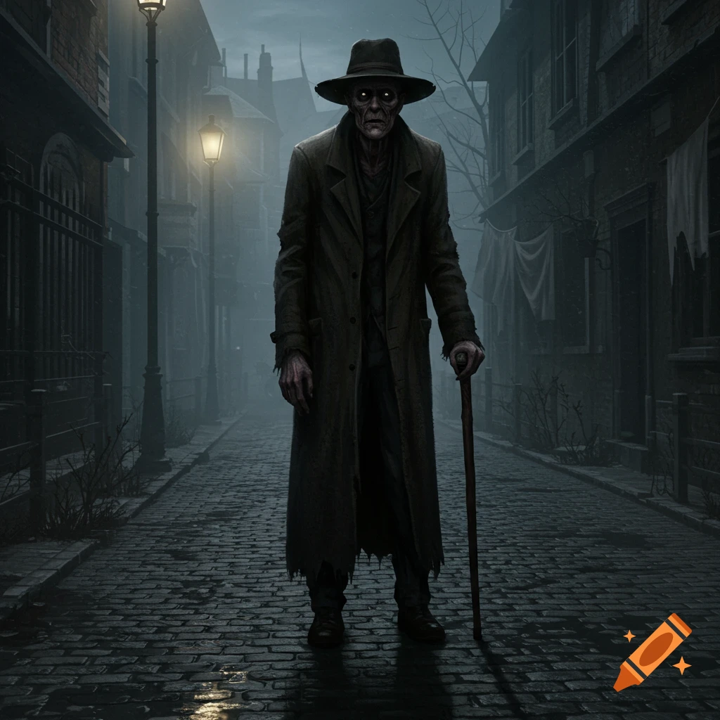 A creepy old man with glowing eyes, wearing a long coat and hat, stands in a foggy, dimly lit cobblestone alley.