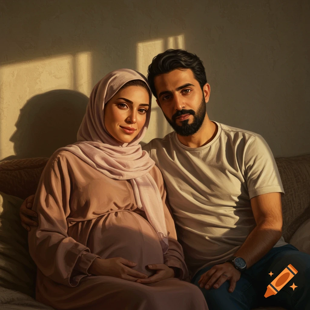 A pregnant Middle Eastern woman in a hijab and her husband sit closely in a cozy, sunlit home, in a realistic style.