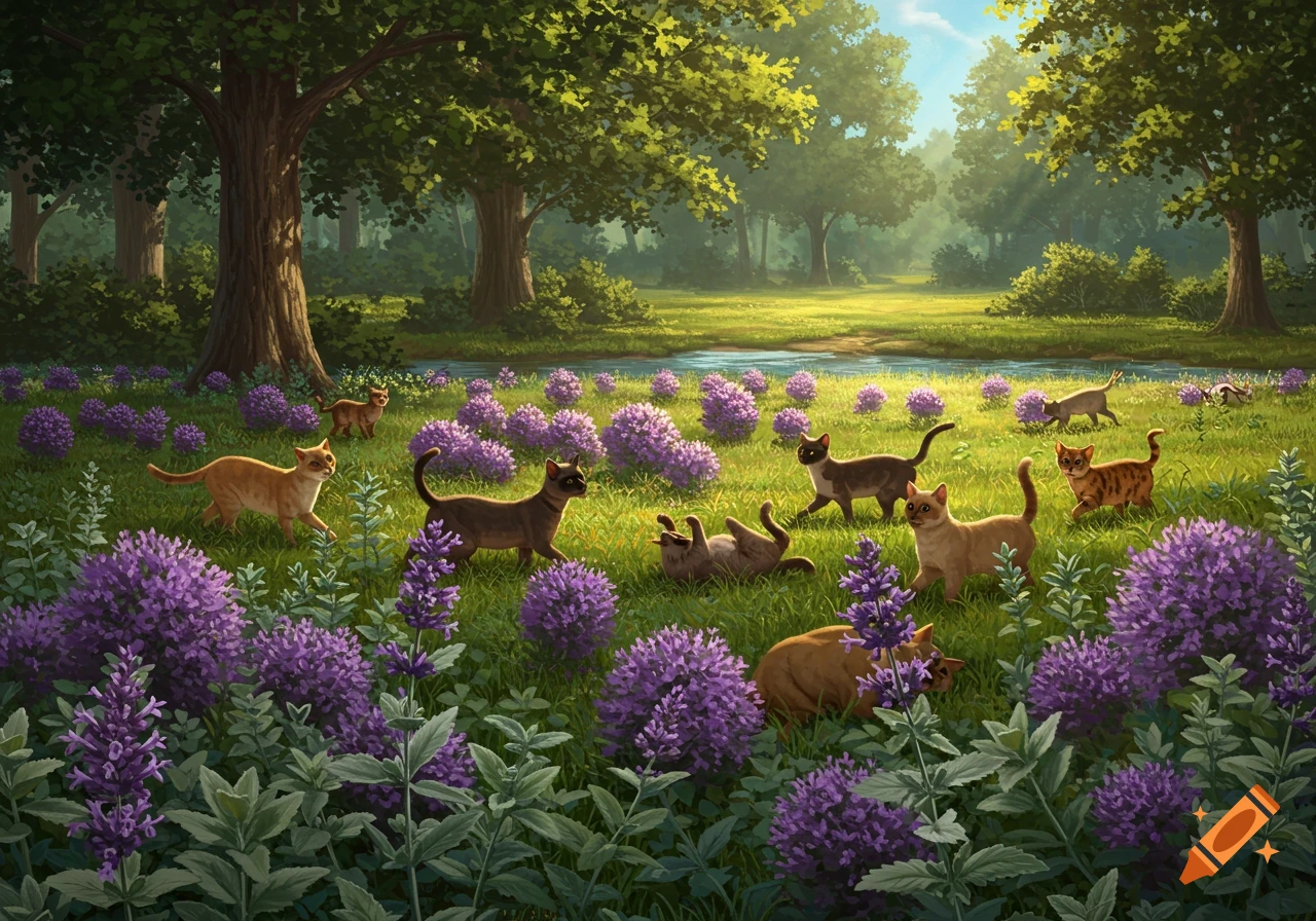 Digital painting of multiple cats playing in a vibrant green field with purple flowers, trees, and a stream.
