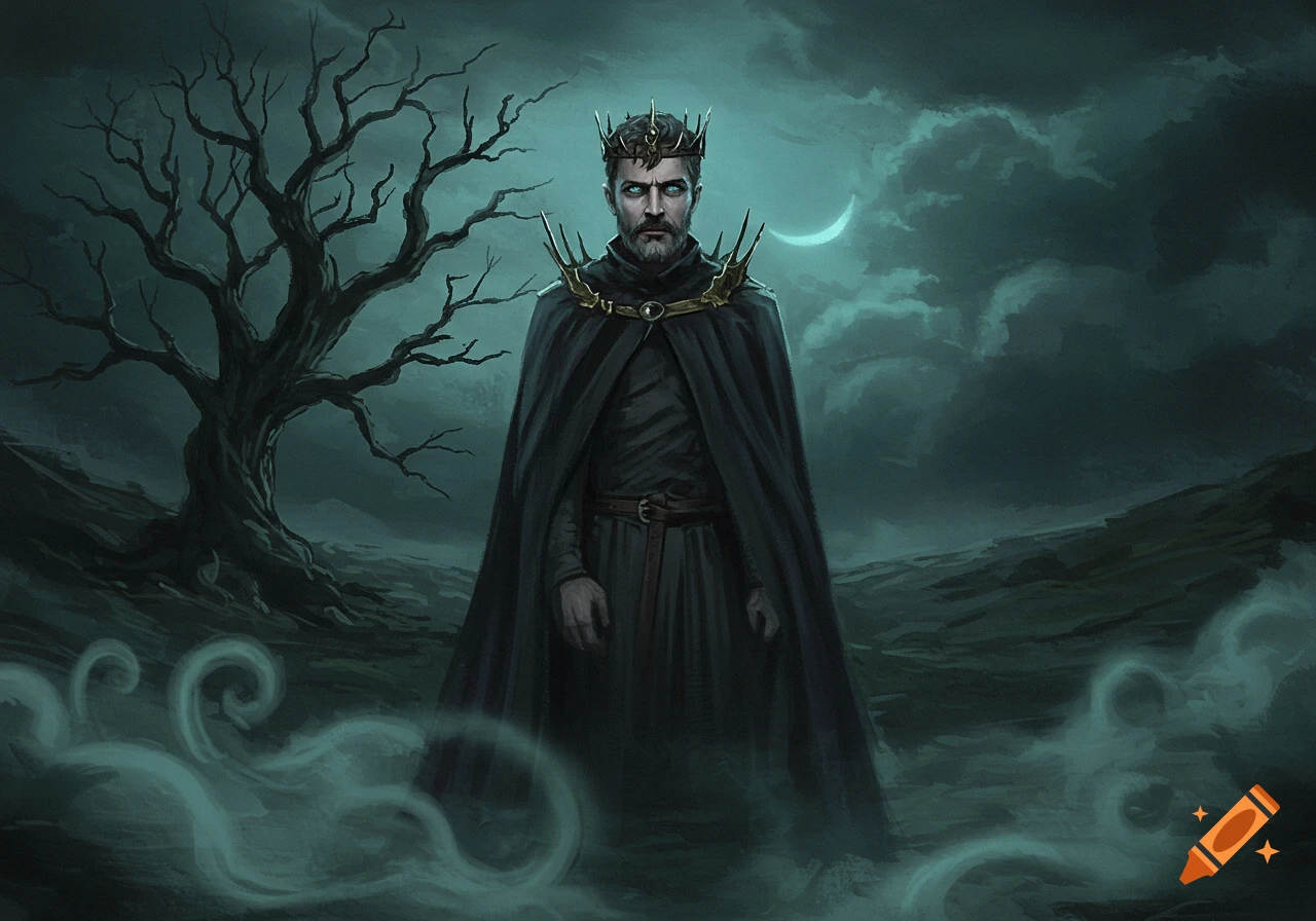 A dark, brooding king in a spiked crown and black cape stands under a gnarled tree in a misty, moonlit landscape.