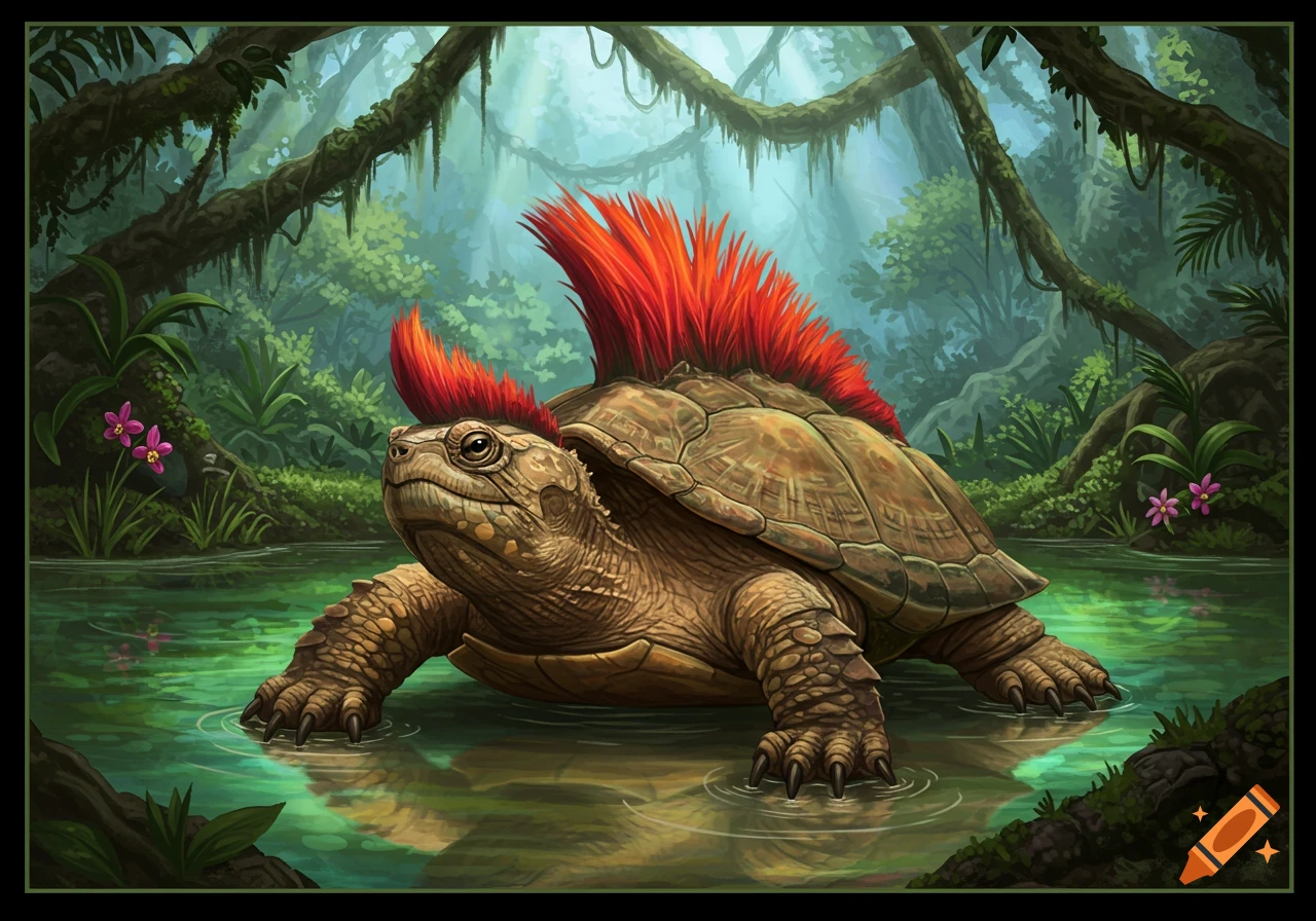 A large brown snapping turtle with a spiky red mohawk stands in shallow green water in a lush jungle setting, digital illustration.