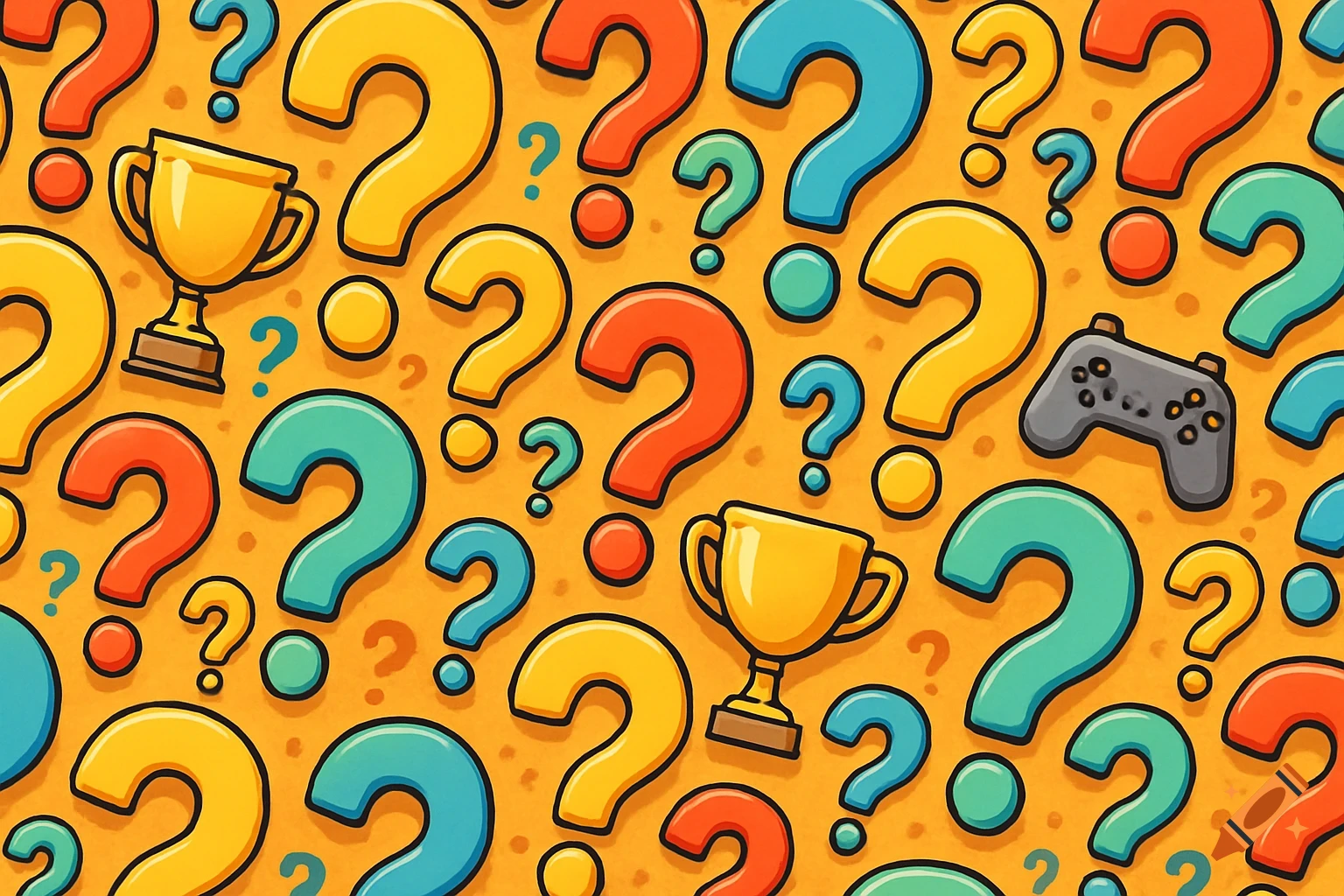 Colorful cartoon pattern of question marks, trophies, and game controllers on an orange background.