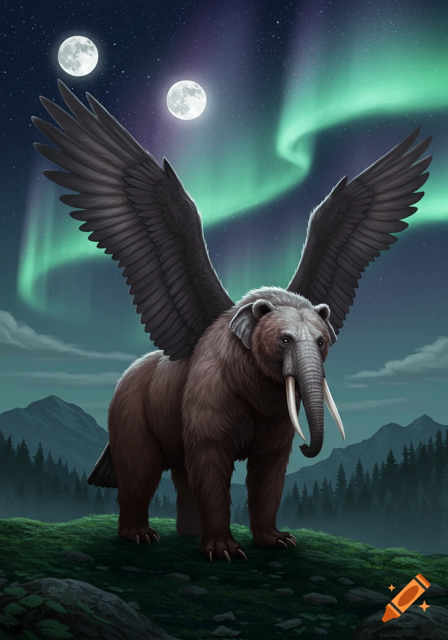 A furry, winged elephant-bear creature stands on a grassy hill under a starry night sky with two moons and green aurora.