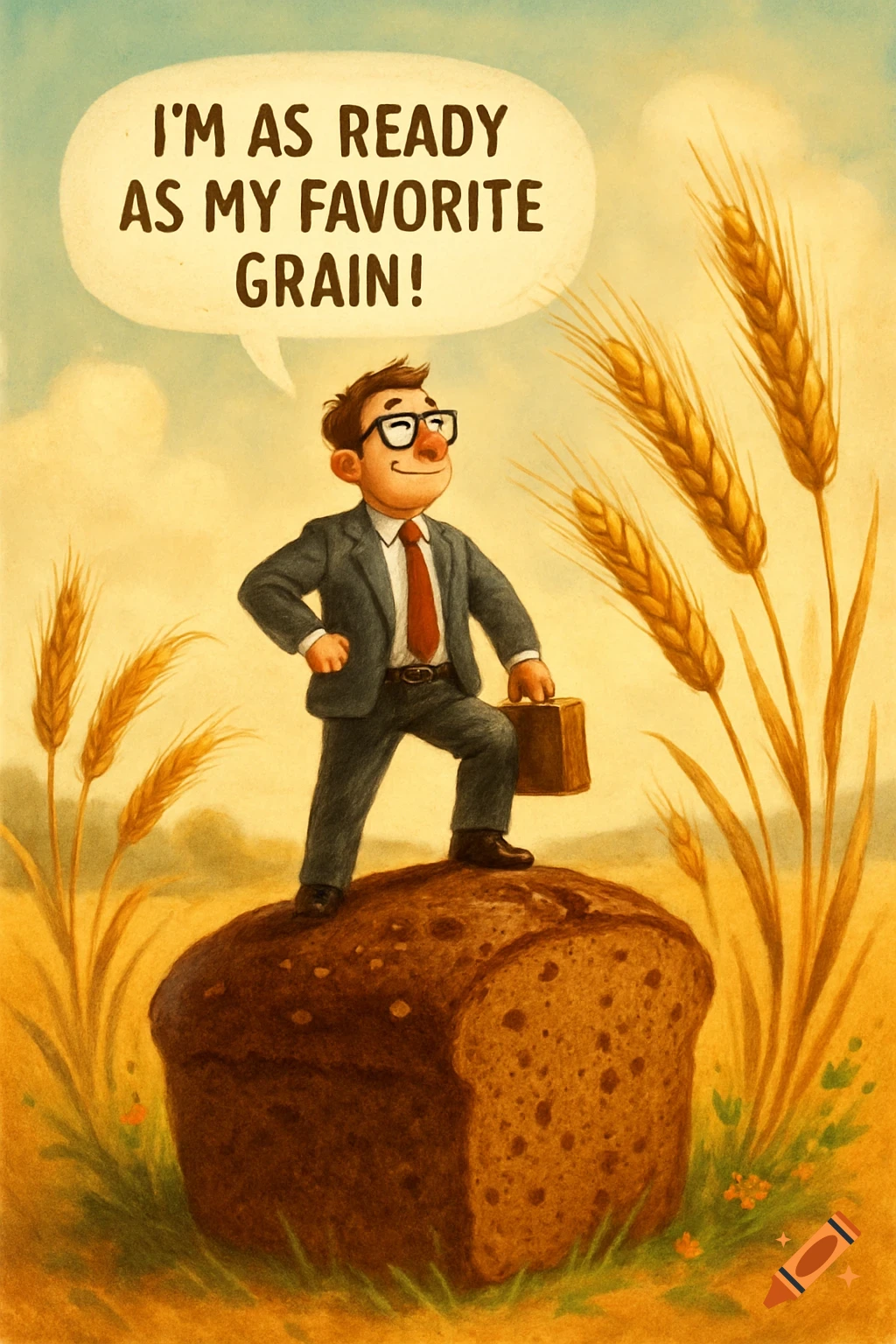 Cartoon man in suit stands triumphantly on a loaf of bread in a wheat field, saying "I'M AS READY AS MY FAVORITE GRAIN!".