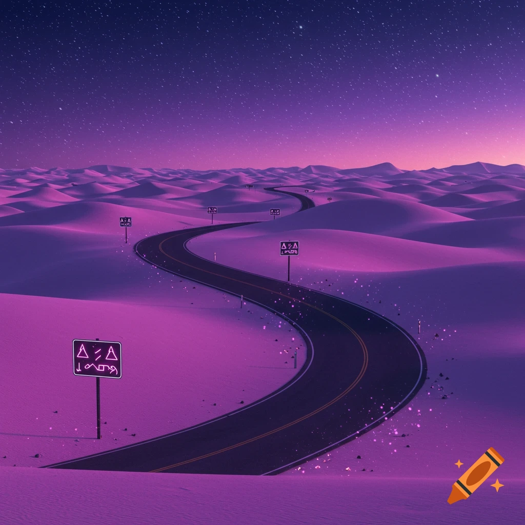A winding road through a purple desert under a starry night sky, with glowing neon signs along the path in a sci-fi style.