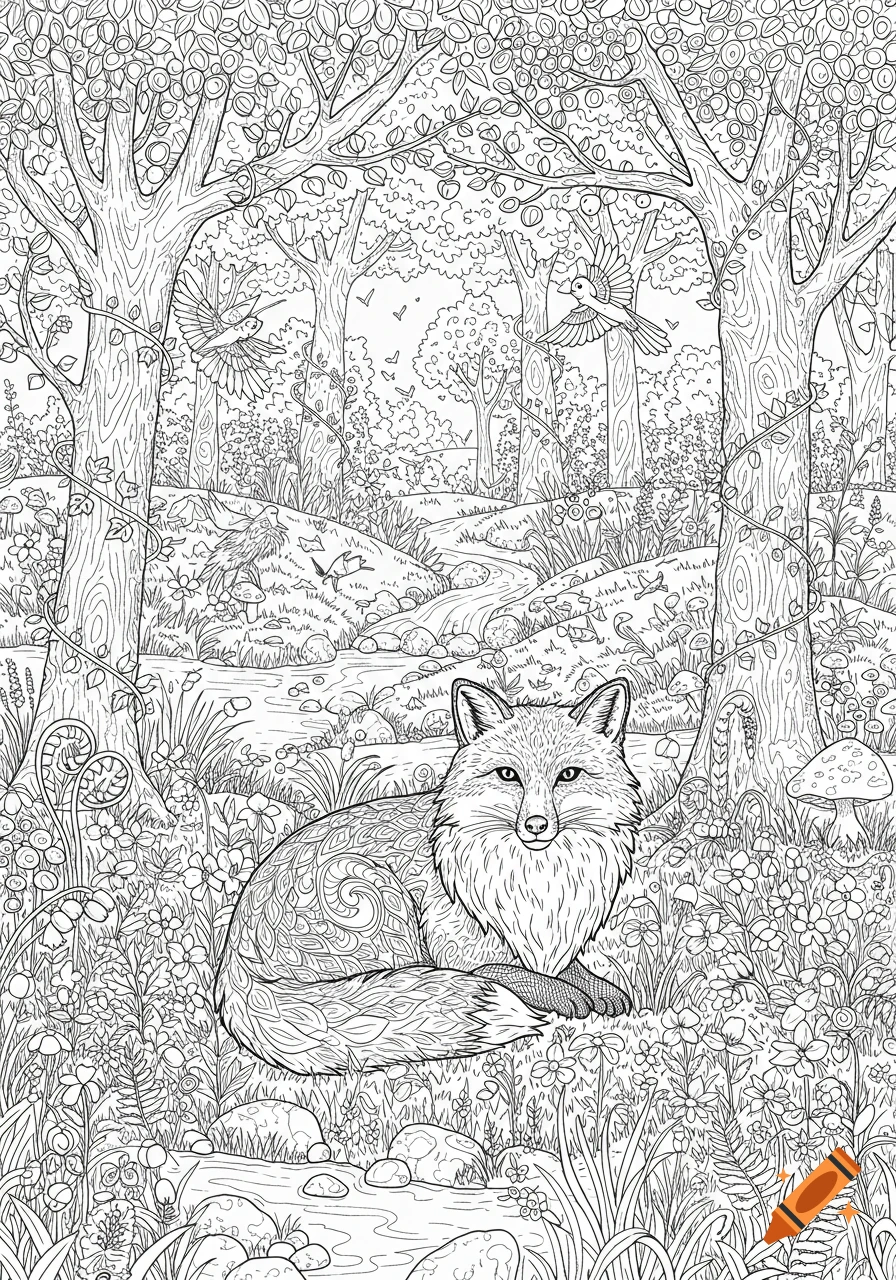 Detailed black and white line art of a fox in a forest with trees, flowers, birds, and a stream, suitable for a coloring book.