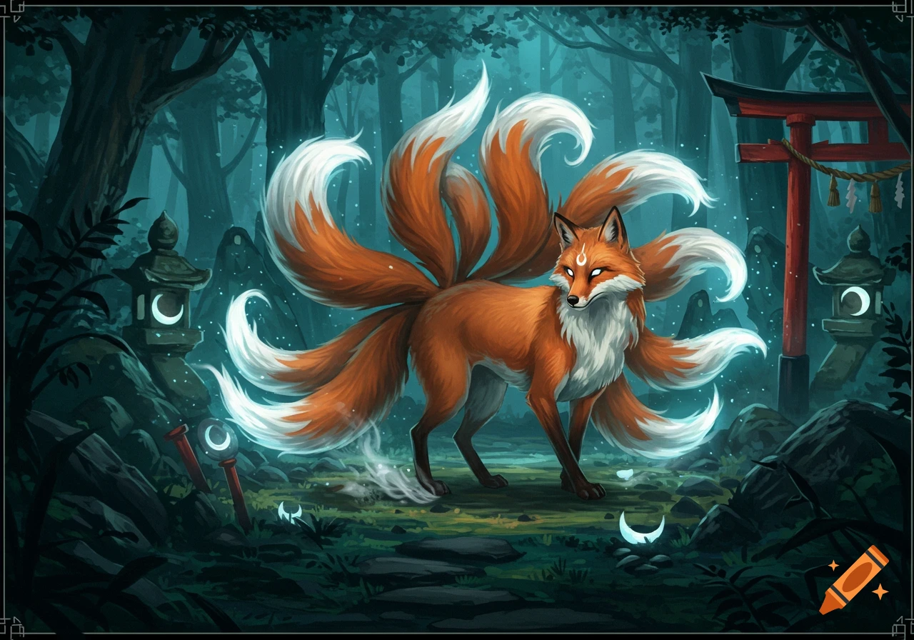 Illustration of a nine-tailed Kitsune with glowing eyes in a dark, mystical Japanese forest with lanterns and a red torii gate.