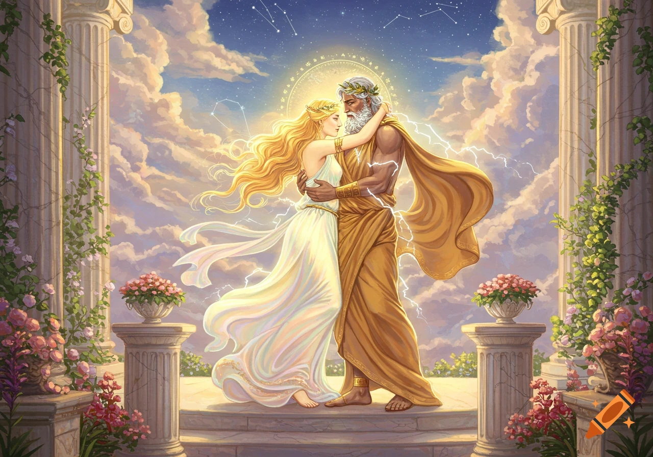 Aphrodite and Zeus embrace under a starry, cloudy sky, surrounded by classical columns and flowers, in a divine fantasy illustration.