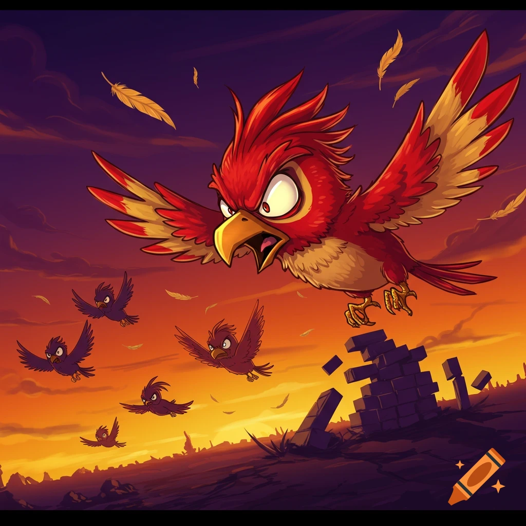 A cartoon illustration of a large angry red bird flying forward at sunset, with smaller dark birds and broken bricks below.