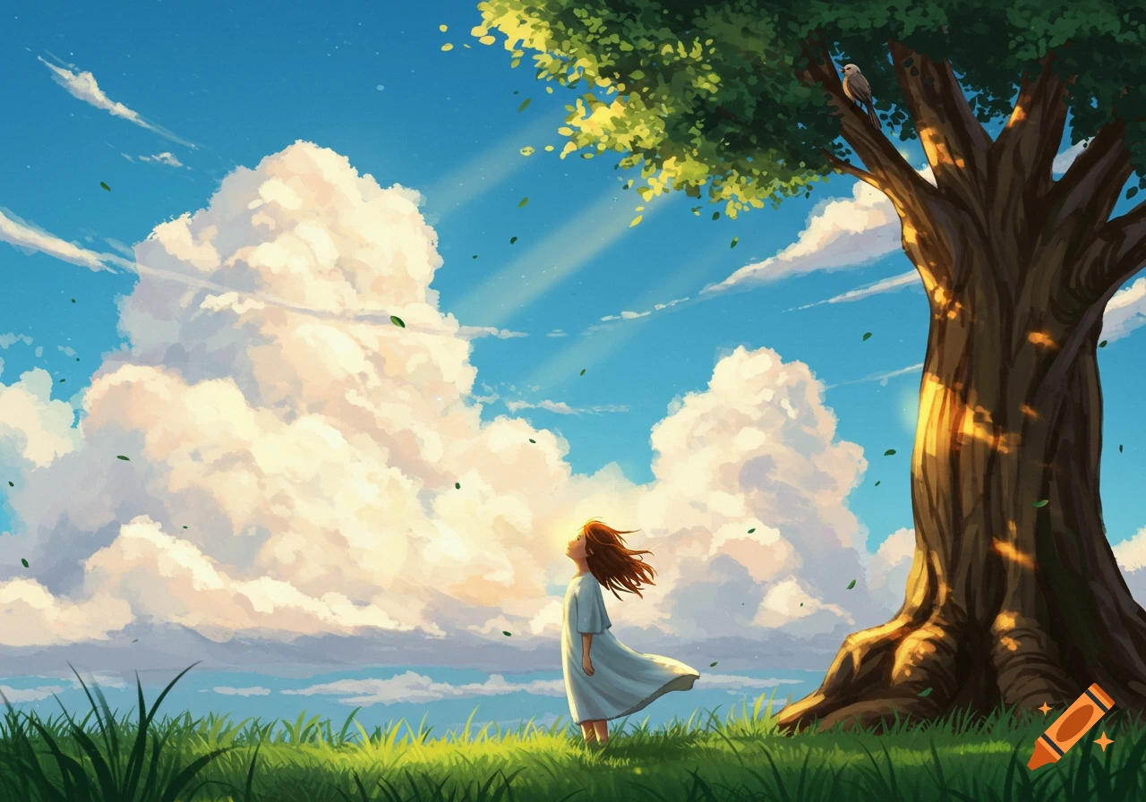Digital painting of a young girl in a white dress looking up at a bright blue sky with fluffy clouds, in a grassy field under a tree.