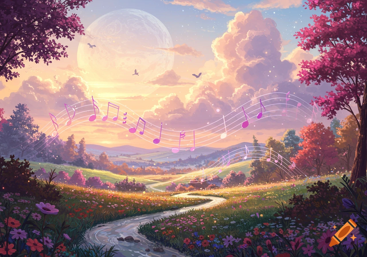 Dreamy fantasy landscape with a full moon, pink-leaved trees, winding river, flower fields, and glowing musical notes.