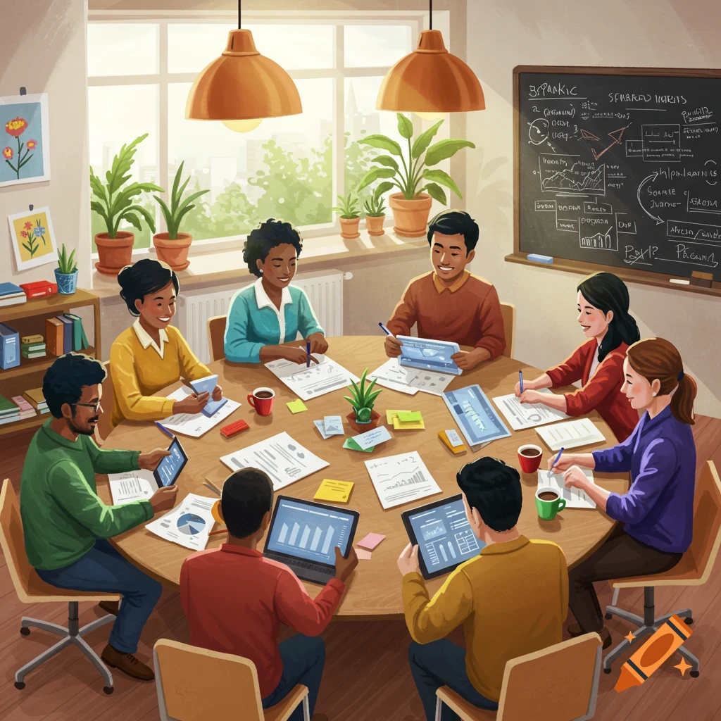 A diverse group of eight people collaborating around a large table, working on papers and tablets in an illustrative style.