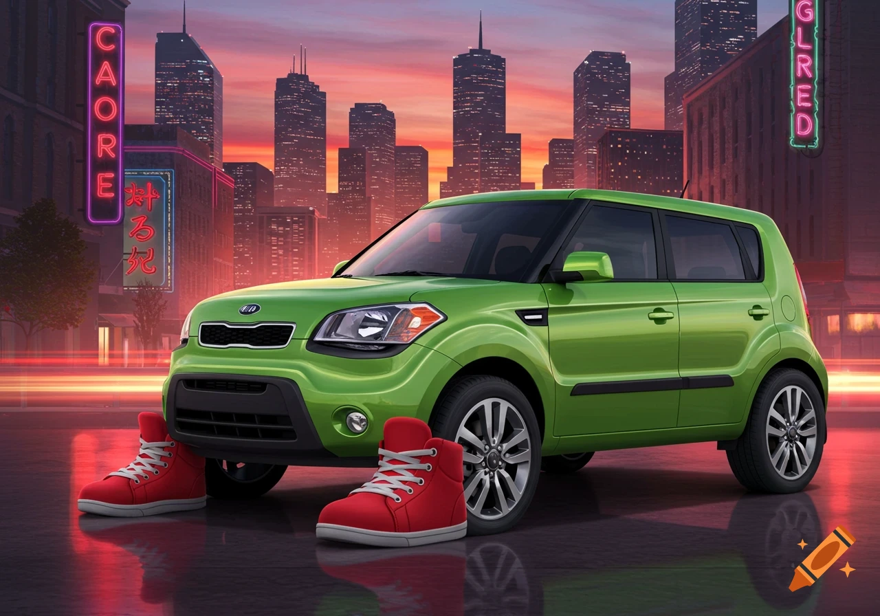 A vibrant green Kia Soul SUV with oversized red high-top sneakers in front of its tires, set against a neon-lit city skyline at sunset.