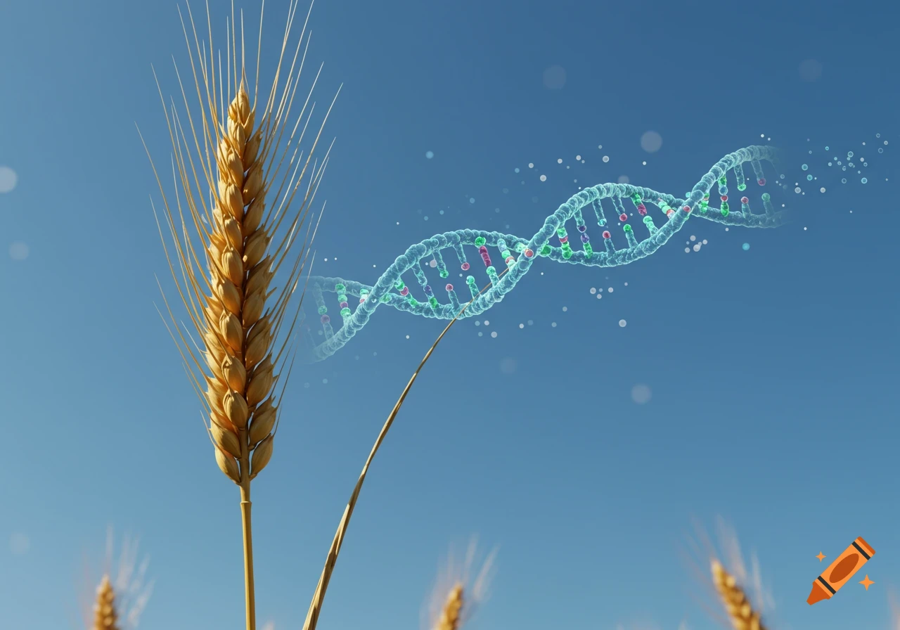 A close-up of a golden wheat stalk with a glowing, translucent DNA helix floating next to it against a clear blue sky.