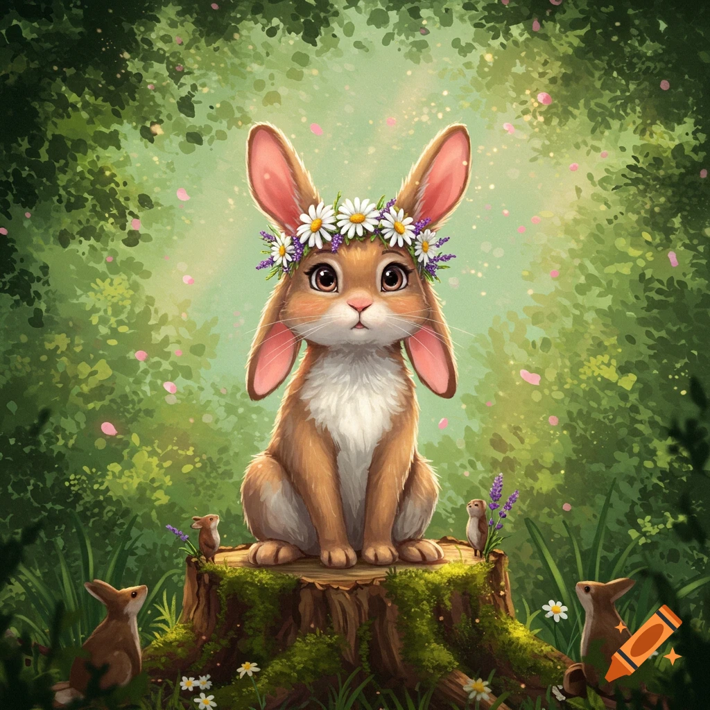 A cute cartoon bunny wearing a daisy flower crown sits on a mossy tree stump in a lush green forest, surrounded by small creatures.
