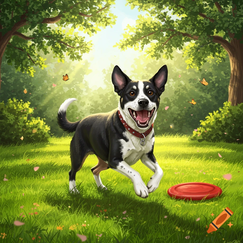 A happy black and white dog with a red collar runs through a sunny green park towards a red frisbee.