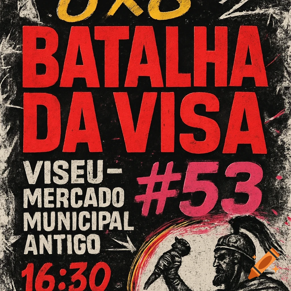 A gritty rap battle poster for "BATALHA DA VISA" featuring red and white text on a black background, a Lusitanian warrior holding a microphone, and pink text "#53".