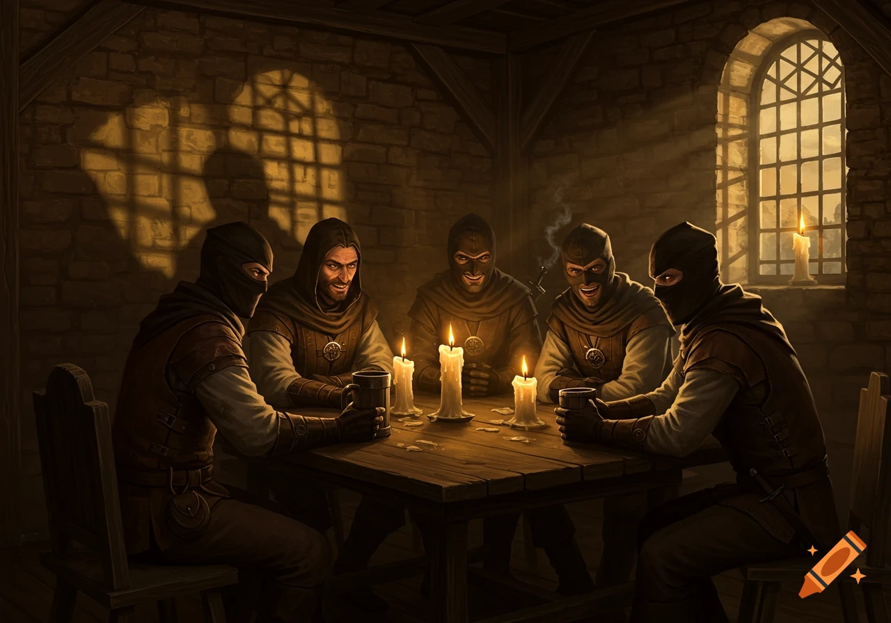 Five medieval figures, some masked, sit around a candlelit wooden table in a dark, stone room, casting dramatic shadows.