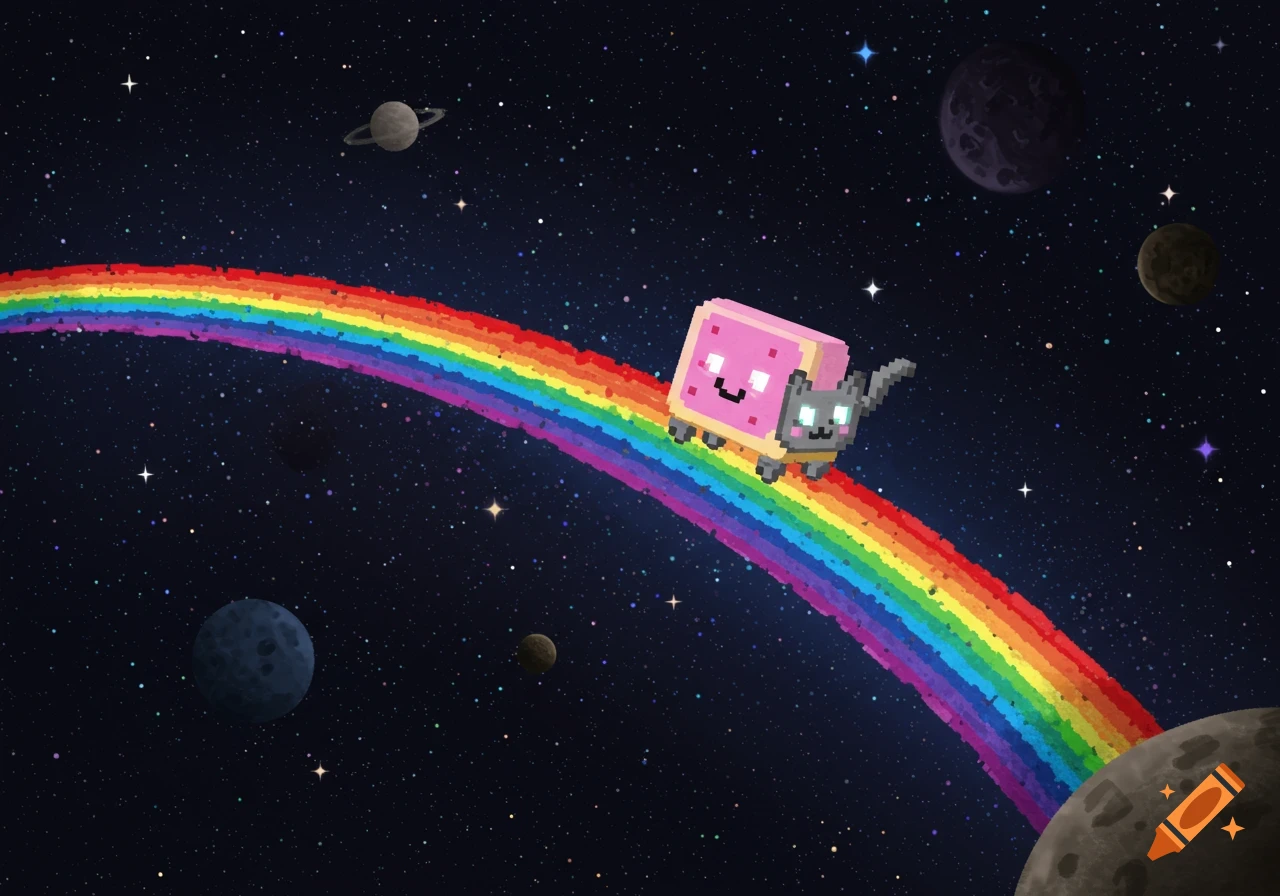 Nyan Cat, a pixelated cat with a pop-tart body, flies across space on a rainbow, surrounded by stars and planets.