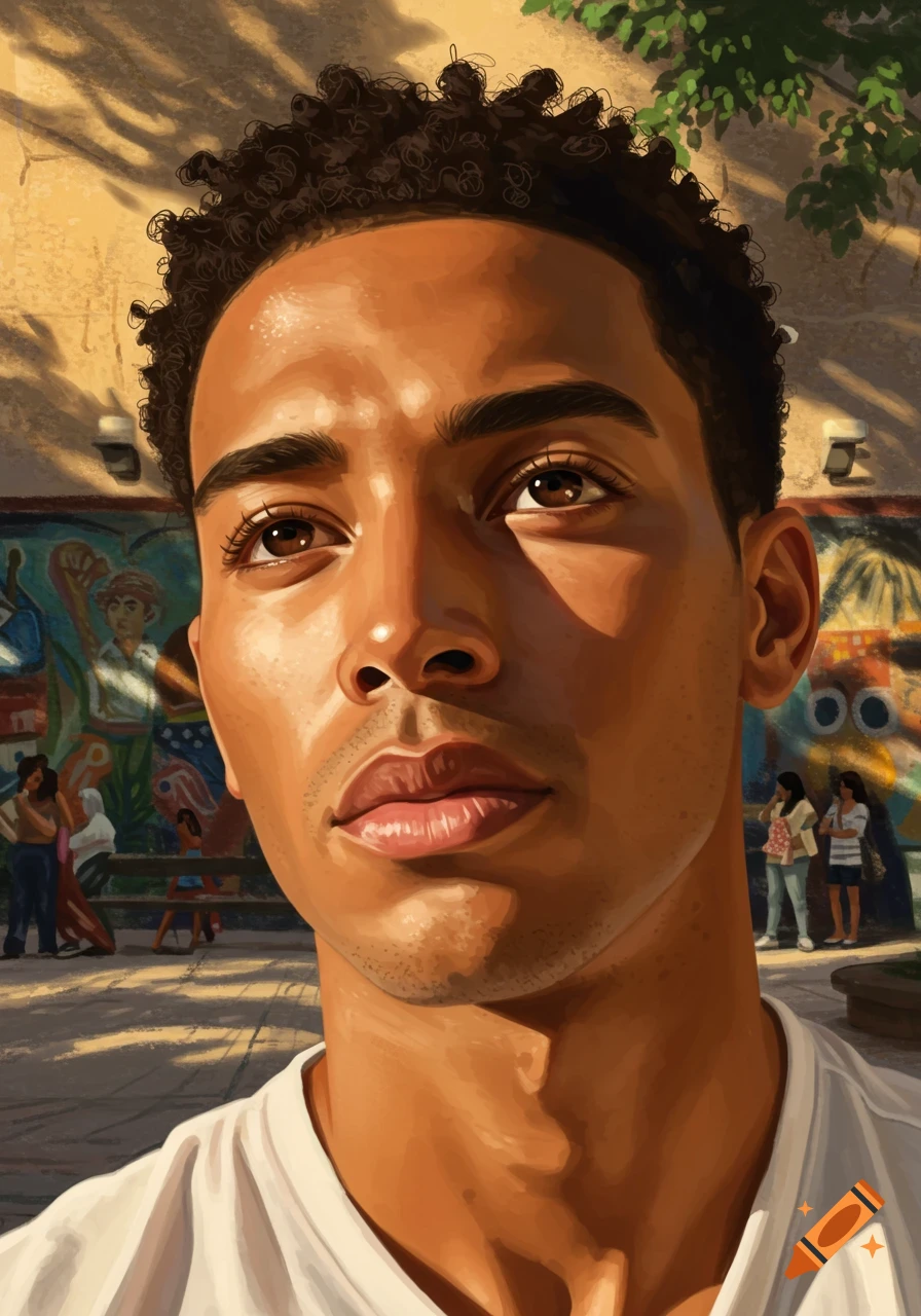 Close-up painterly portrait of a handsome Hispanic man with curly hair, bathed in sunlight, against an urban mural background.