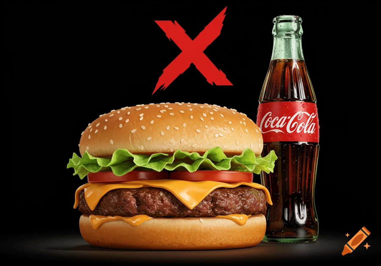 Photorealistic image of a hamburger and a Coca-Cola bottle on a black background, with a large red X over them.