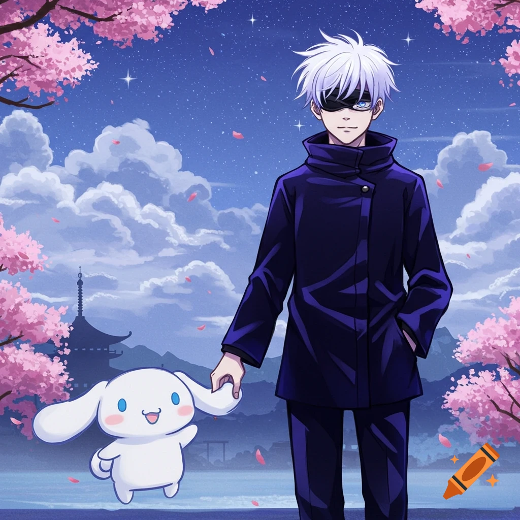 Anime art of Satoru Gojo holding hands with Cinnamoroll under cherry blossom trees at night, with a pagoda.