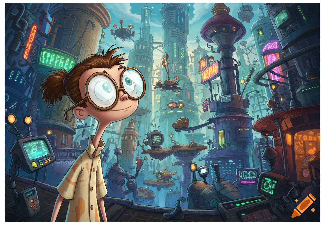A cartoonish boy with large glasses smiles in a vibrant, detailed futuristic city with tall buildings and flying vehicles.