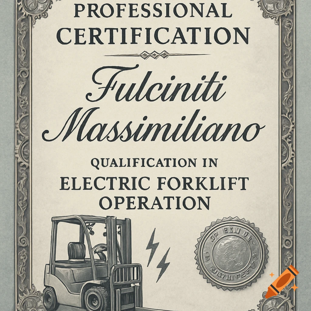 An ornate certificate titled "PROFESSIONAL CERTIFICATION" for "Fulciniti Massimiliano" in "ELECTRIC FORKLIFT OPERATION," featuring an illustration of a forklift and a seal.