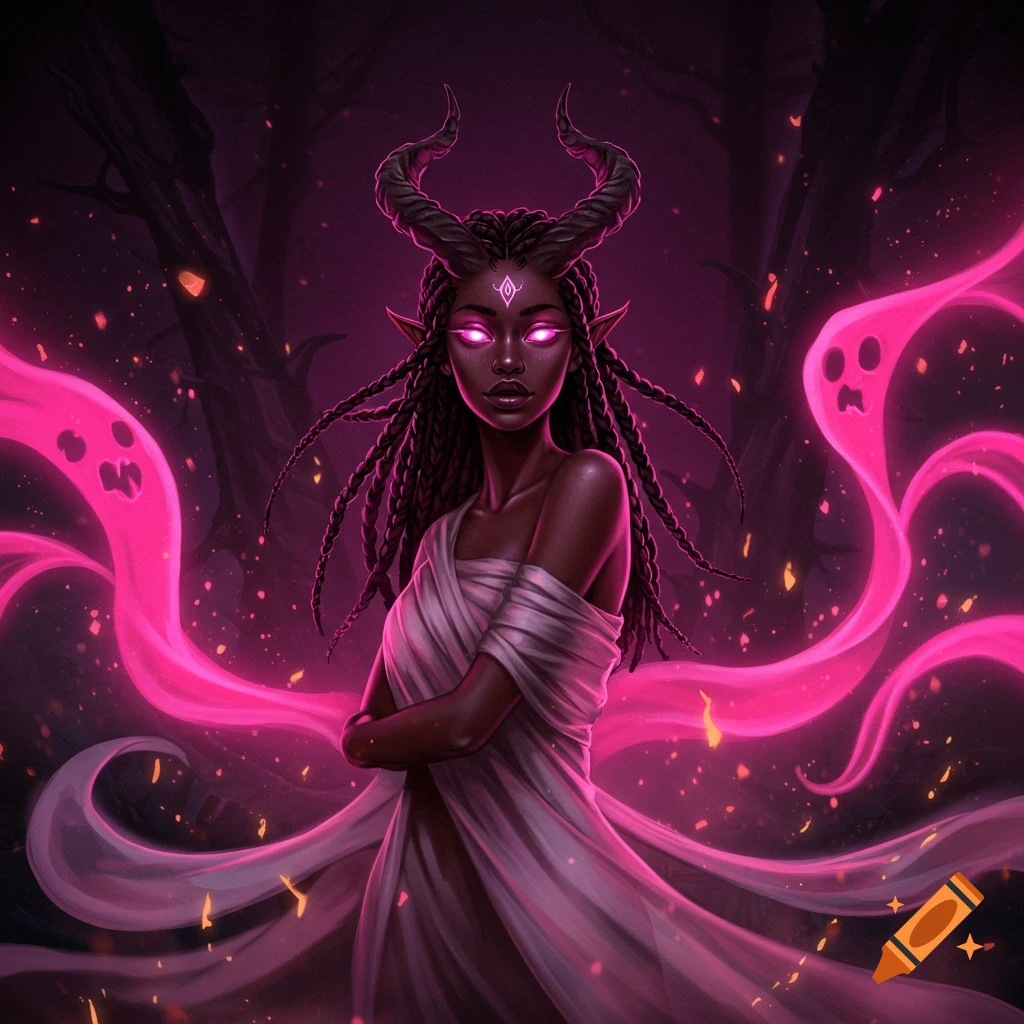 A dark-skinned demon woman with horns, braids, and glowing pink eyes in a white dress, surrounded by pink spirits in a dark forest.