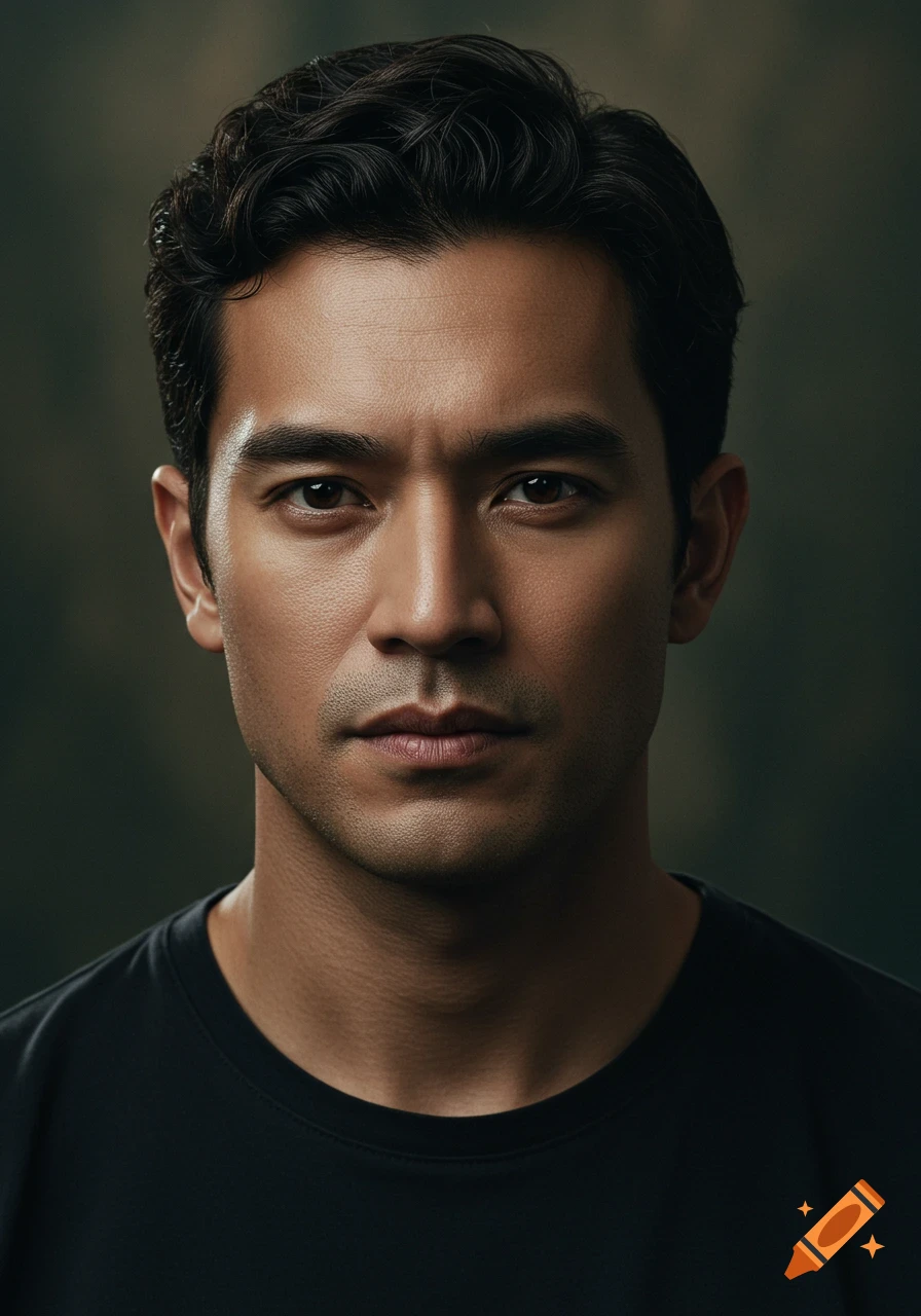 Photorealistic portrait of a serious young man with dark wavy hair and almond-shaped eyes, wearing a black t-shirt.